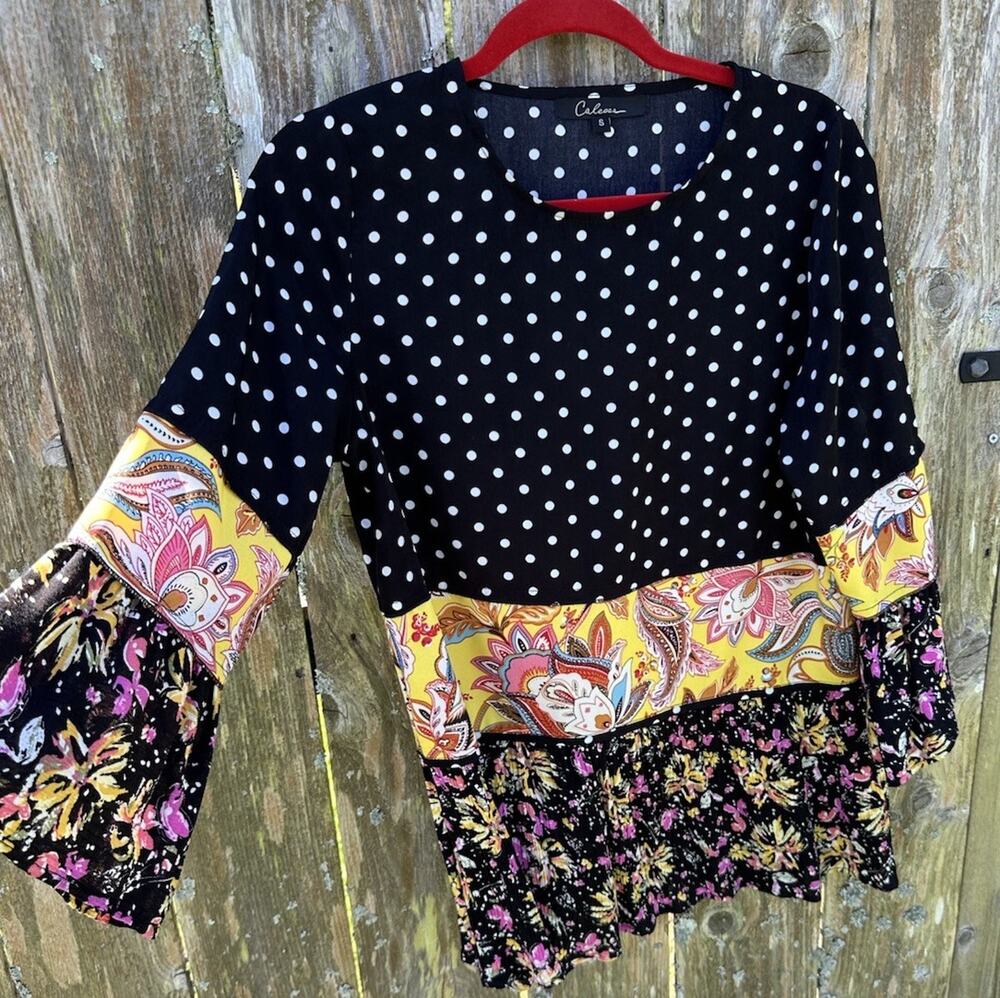 Calessa Top Women’s Size S Black Polka Dot Floral Tiered Bell Sleeve Artsy Boho